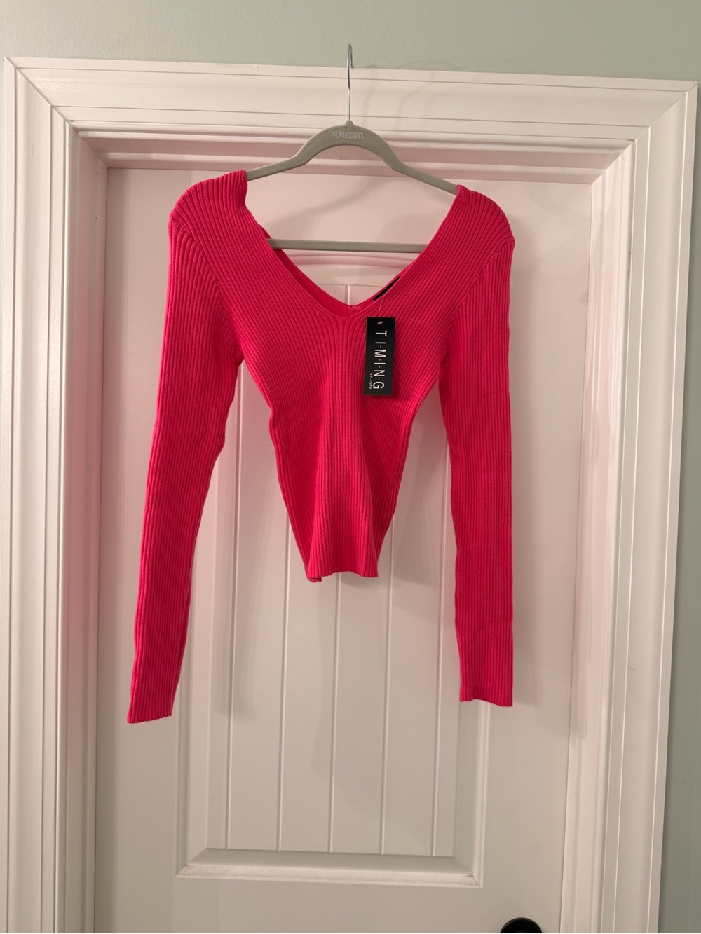 Timing Ribbed V-Neck Long Sleeve Top - Pink